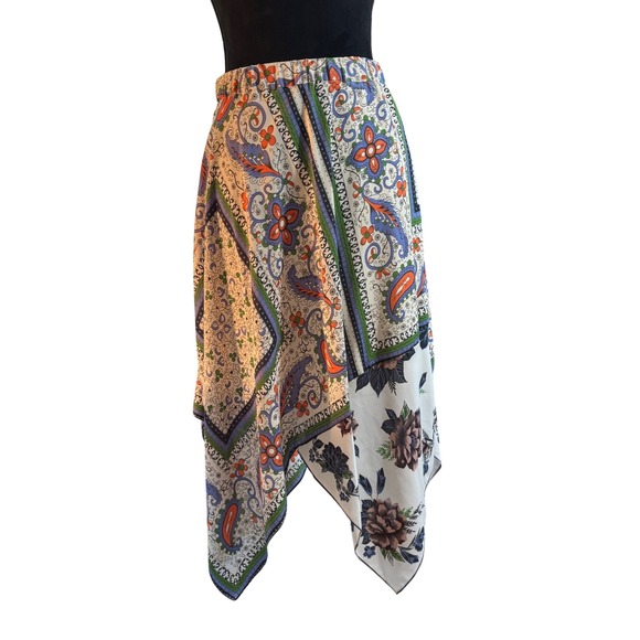 Maeve Anthropologie Scarf Print Asymmetrical Hem Midi Skirt Size 0 - Picture 2 of 15